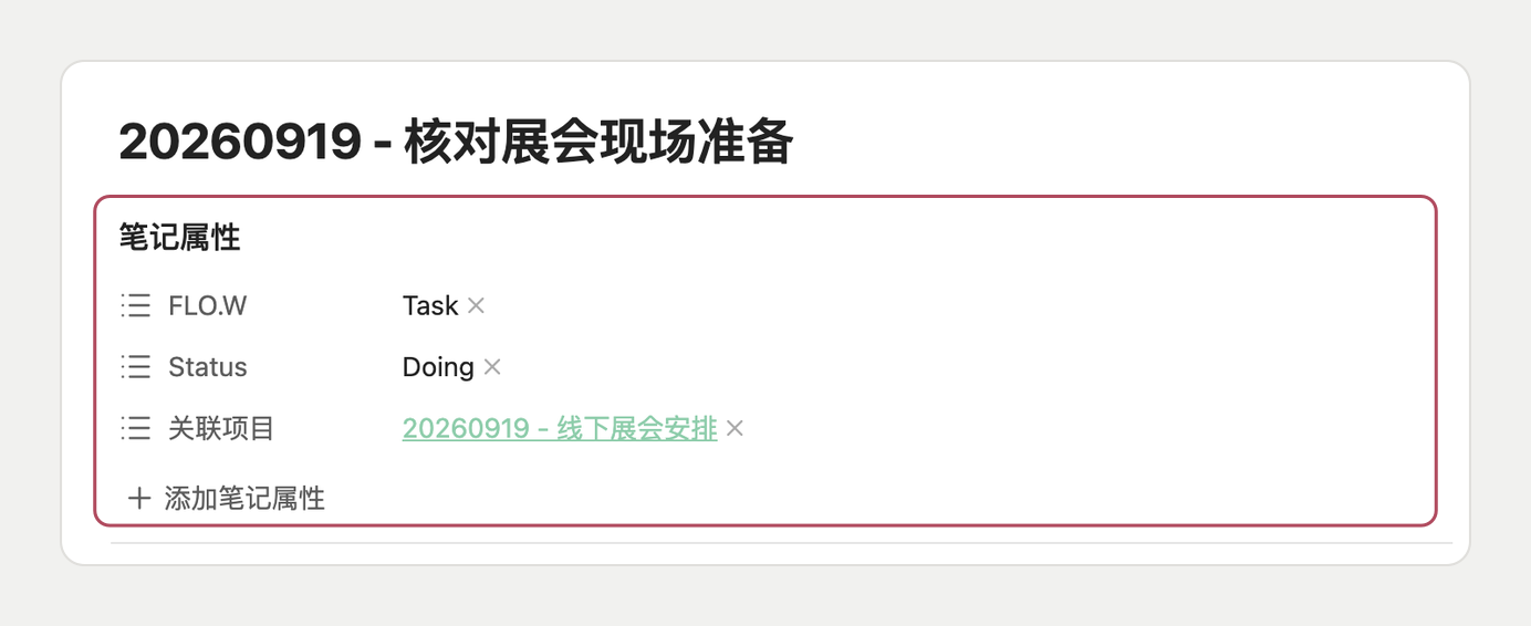页面标题下方的笔记属性区域