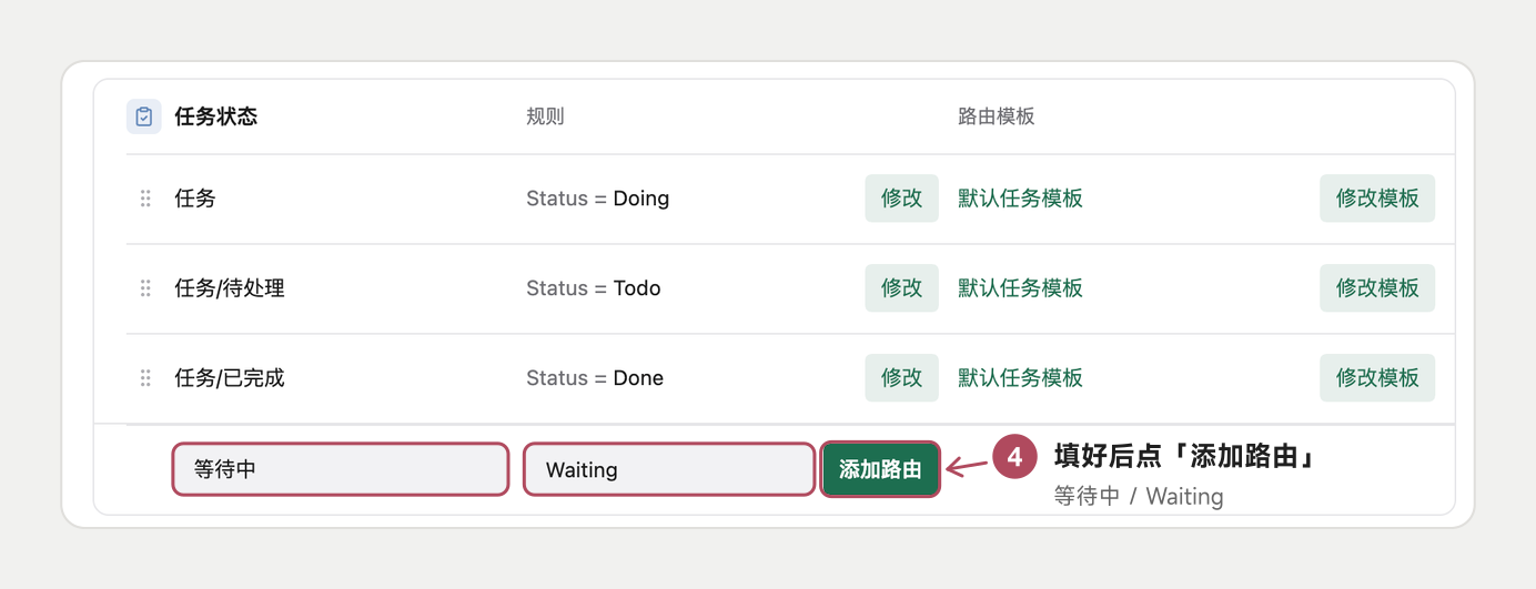 第 4 步:填好 等待中 和 Waiting 后点「添加路由」