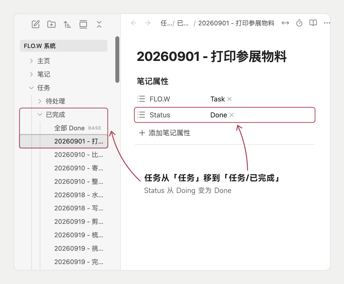 结果:任务从「任务」移到「任务/已完成」,Status 从 Doing 变为 Done