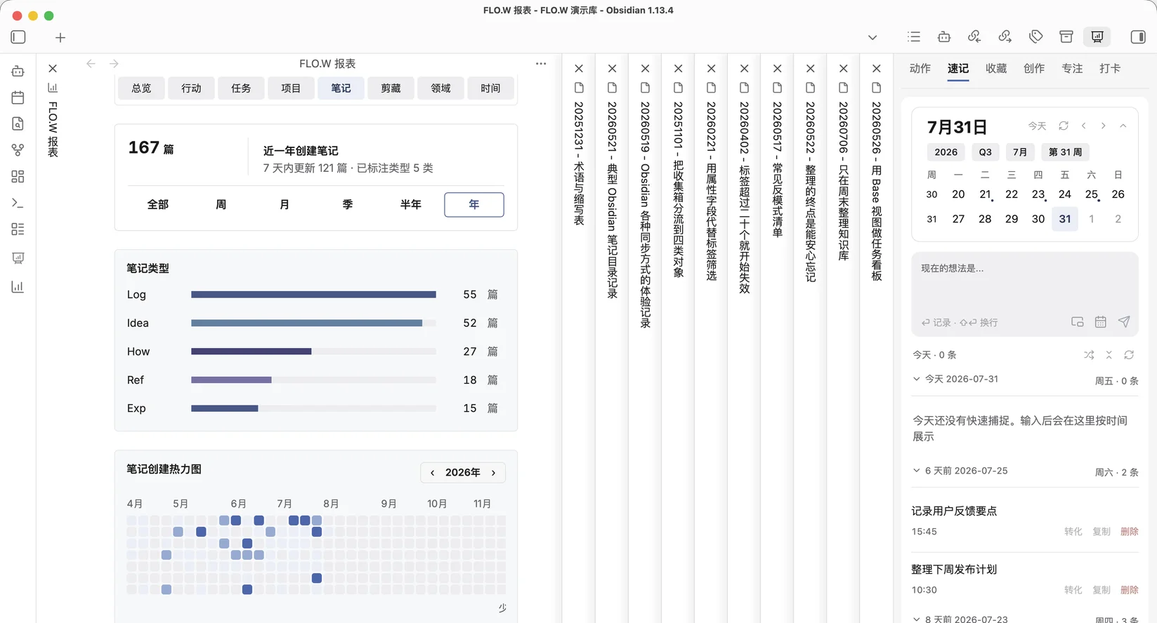 FLO.W note report: type breakdown and creation heatmap
